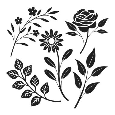 Güller, Papatyalar, Buds ve Yapraklar Siyah Çizgili Dekoratif Botanik Siluetleri