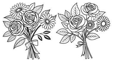 Tek Renkli Çiçek Kompozisyonu El Çizimi Gül, Daisy, Bud, Yaprak ve Kurdele Elementleri