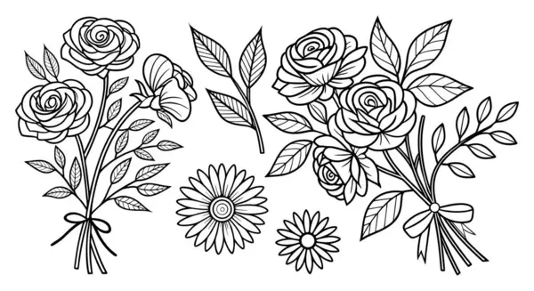 Kurdeleli Çiçek Buketi Kompozisyonunda El Çizimi Güller ve Papatyaların Mürekkep Çizgisi