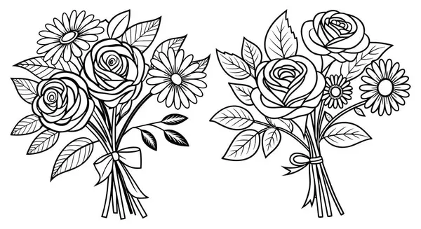 Tek Renkli Çiçek Kompozisyonu El Çizimi Gül, Daisy, Bud, Yaprak ve Kurdele Elementleri