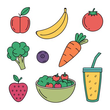 Taze elma, muz, domates, brokoli, yabanmersini, havuç, çilek, salata kasesi, meyve suyu renkli yemek illüstrasyonu