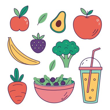 Renkli meyveler, sebzeler, salata kasesi, meyve suyu bardağı, sağlıklı besin örnekleri