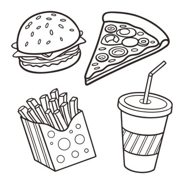 Hamburger, pizza, patates kızartması ve boyama sayfası için içecek de dahil olmak üzere fast food ürünleri serisi.