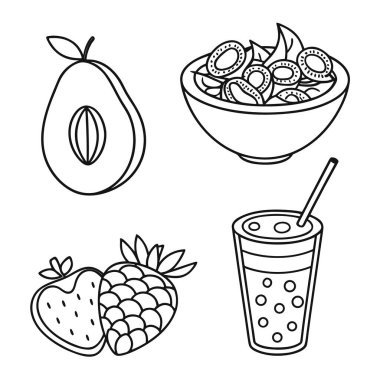Meyve illüstrasyon seti, avokado hatları, kivi kasesi çizimi, ananaslı çilek, temiz modern tarzda balonlu çay fincanı çizimi.