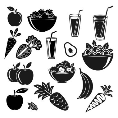 Sağlıklı meyve ve sebzeler, elmalar, muz, havuç, ananas, böğürtlen, meyve suyu bardakları, salata kaseleri, besleyici gıda ikonları