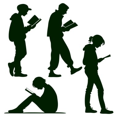 Beyaz arka planda yürüyen ve yalnız oturan insanların kitap okuduğu silüet çizimi