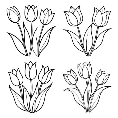 Temiz, Siyah ve Beyaz, Çizgi Sanat Tarzı, Renkli Kitaplar, Davetiyeler ve Basılı El Sanatları İçin Uygun Dört Lale Resimleri
