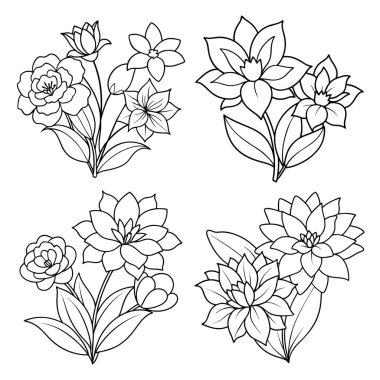 Temiz, Siyah ve Beyaz, Çizgi Sanat Tarzı, Renkli Kitaplar, Davetiyeler ve Dekoratif Dövmeler İçin Uygun Dört Çiçek Tablosu