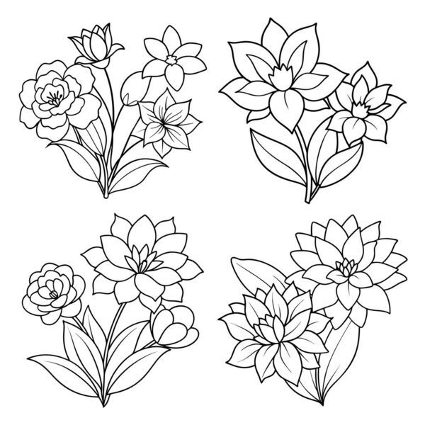 Пакет иллюстраций цветочного букета в чистом, черно-белом, линейном стиле, подходит для раскраски книг, приглашений и декоративных татуировок