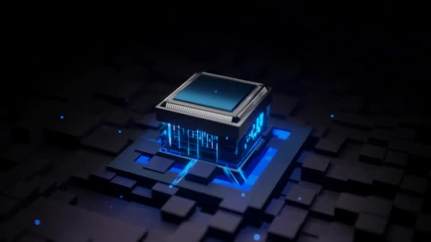 Microprocesador Iluminado Una Visualización Pulsos Digitales Propagando Una Placa Madre — Vídeo de stock