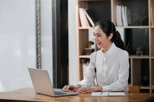 stock image Happy call center woman consulting customer for customer support, help or telemarketing sales. Sales advisor, CRM girl with smile for success customer service, contact us hotline or insurance deal