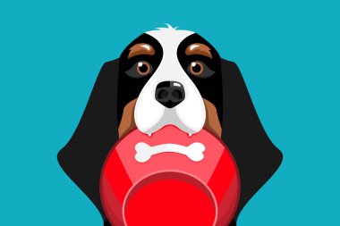 Köpek, izole bir arka planda kaseyi ağzında tutuyor, Vektör illüstrasyonu.