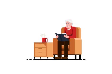 Kanepede oturan yaşlı adam, izole edilmiş arka planda yan masası olan bir kitap okuyor, Vektör çizimi..