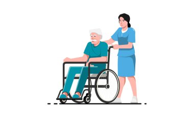 Tecrit edilmiş bir geçmişi olan tekerlekli sandalyedeki kıdemli hasta, Vektör çizimi..