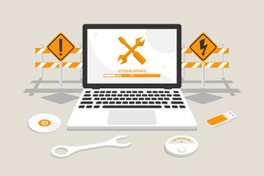 İşletim sistemi güncellemesini, işlem çubuğunu güncelleyen bilgisayar ekranını, dijital pazarlama illüstrasyonunu yükle.