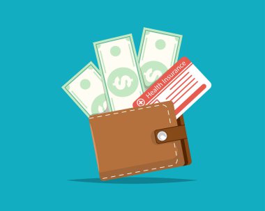 Sağlık sigortası konsepti için gelir, izole edilmiş arka planda sağlık sigortası kartı olan cüzdan, dijital pazarlama illüstrasyonu.