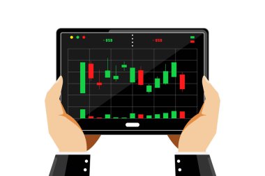 İş adamlarının elindeki elektronik cihaz, izole edilmiş arkaplanda şamdan çizelgesini görmek için aygıt elektronik ekipmanı, Vektör illüstrasyonuName.
