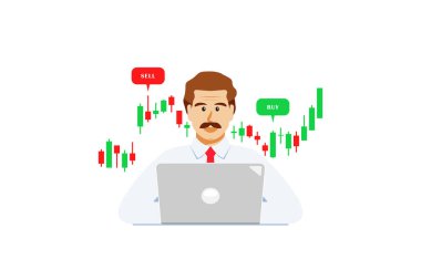 İşadamı, izole edilmiş arka planda dizüstü bilgisayarı olan borsa alım-satımı yapıyor: Vektör illüstrasyonu.