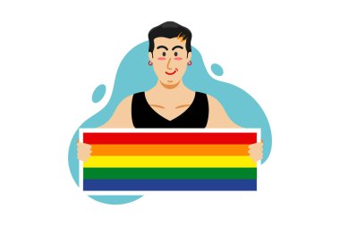 Onur Ayı Kutlama Festivali, LGBT bayrağıyla gay adam yetişkin çizgi filmi, Vektör illüstrasyonu.