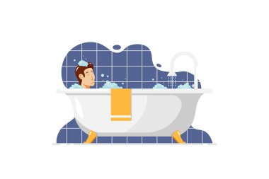 Bir adam küvette rahatça duş alır, Vector Illustrasyon..