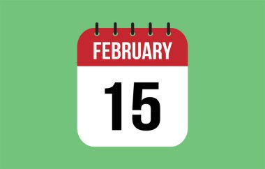 15 Şubat takvim simgesi. Şubat iş günleri için yeşil takvim vektörü. İzole edilmiş arkaplanda takvim sayfası tasarımı