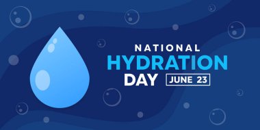 Ulusal Hidrasyon Günü. Kartlar, afişler, posterler, sosyal medya ve daha fazlası için harika. Mavi arkaplan. 