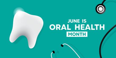 Haziran, Ağız Sağlığı Ayı. Kartlar, afişler, posterler, sosyal medya ve daha fazlası için harika. Açık mavi arkaplan.
