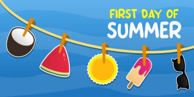 First Day of Summer. Great for cards, banners, posters, social media and more. Blue sky background.