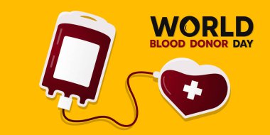 Dünya Kan Bağışı Günü. Kan, kalp ve artı ikon. Kartlar, afişler, posterler, sosyal medya ve daha fazlası için harika. Sarı arkaplan.