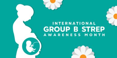 Uluslararası Grup B Strep Farkındalık Ayı. Hamile kadın ve çiçekler. Kartlar, afişler, posterler, sosyal medya ve daha fazlası için harika. Yeşil arkaplan. 