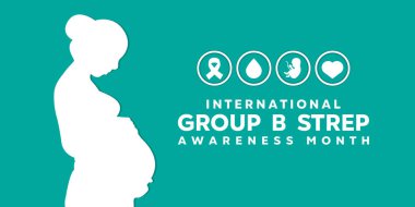 Uluslararası Grup B Strep Farkındalık Ayı. Hamile kadın, kurdele, kan, bebek ve kalp. Kartlar, afişler, posterler, sosyal medya ve daha fazlası için harika. Yeşil arkaplan. 