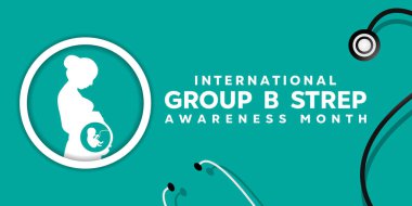 Uluslararası Grup B Strep Farkındalık Ayı. Hamile kadın ve steteskop. Kartlar, afişler, posterler, sosyal medya ve daha fazlası için harika. Yeşil arkaplan. 