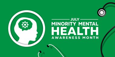 Ulusal Azınlık Akıl Sağlığı Ayı. İnsan ve steteskop. Kartlar, afişler, posterler, sosyal medya ve daha fazlası için harika. Yeşil arkaplan.