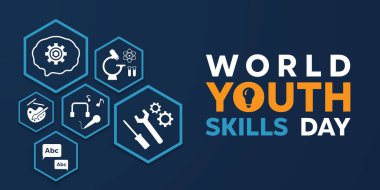 Dünya Gençlik Yetenekleri Günü. Beyin, bilim, şarkı ve daha fazlası. Kartlar, afişler, posterler, sosyal medya ve daha fazlası için harika. Koyu mavi arkaplan.