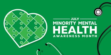 Ulusal Azınlık Akıl Sağlığı Ayı. Kalp ve steteskop. Kartlar, afişler, posterler, sosyal medya ve daha fazlası için harika. Yeşil arkaplan.