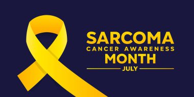 Sarkoma Kanser Farkındalığı Ayı. Altın kurdele. Kartlar, afişler, posterler, sosyal medya ve daha fazlası için harika. Koyu mavi arkaplan. 