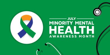 Ulusal Azınlık Akıl Sağlığı Ayı. Kurdele ve steteskop. Kartlar, afişler, posterler, sosyal medya ve daha fazlası için harika. Yeşil arkaplan.