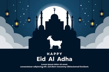 Bayramın kutlu olsun. Keçi, ay, fener, cami ve daha fazlası. Kartlar, afişler, posterler, sosyal medya ve daha fazlası için harika. Mavi arkaplan.
