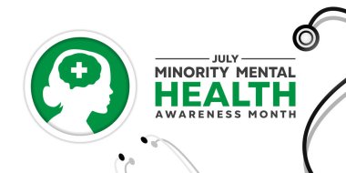 Ulusal Azınlık Akıl Sağlığı Ayı. Kadınlar, artı ikon ve steteskop. Kartlar, afişler, posterler, sosyal medya ve daha fazlası için harika. Beyaz arkaplan.