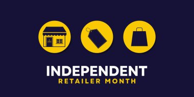 Bağımsız Perakende Ayı. Dükkan, etiket ve alışveriş çantası. Kartlar, afişler, posterler, sosyal medya ve daha fazlası için harika. Koyu mavi arkaplan.