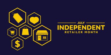 Bağımsız Perakende Ayı. Kartlar, afişler, posterler, sosyal medya ve daha fazlası için harika. Koyu mavi arkaplan.