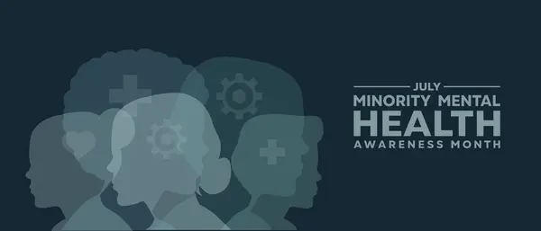 Ulusal Azınlık Akıl Sağlığı Ayı. İnsan, artı, kalp ve dişli ikonu. Kartlar, afişler, posterler, sosyal medya ve daha fazlası için harika. Siyah arkaplan.