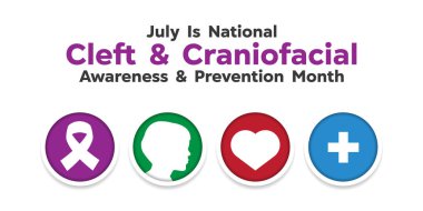 Ulusal Yarık ve Kafatası Farkındalığı ve Önleme Ayı. Kurdele, çocuk, kalp ve artı ikon. Kartlar, afişler, posterler, sosyal medya ve daha fazlası için mükemmel. Beyaz arkaplan. 