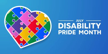 Engelli Gurur Ayı. Kalp ve bulmaca. Kartlar, afişler, posterler, sosyal medya ve daha fazlası için harika. Mavi arkaplan.  