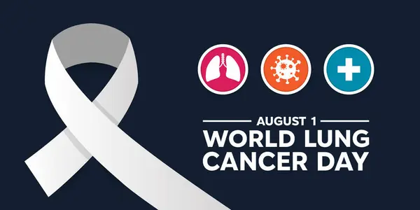 Dünya Akciğer Kanseri Günü. Kurdele, akciğer, tümör ve ikon. Kartlar, afişler, posterler, sosyal medya ve daha fazlası için harika. Siyah arkaplan.
