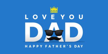 Babalar Günün kutlu olsun. Seni seviyorum baba. Gözlük, bıyık ve taç. Kartlar, afişler, posterler, sosyal medya ve daha fazlası için harika. Mavi arkaplan.