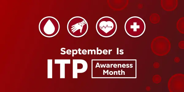 Eylül, ITP Farkındalık Ayı. Kan, el, kalp ve artı ikon. Kartlar, afişler, posterler, sosyal medya ve daha fazlası için harika. Kırmızı arkaplan.