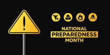 Eylül Ulusal Hazırlık Ayı 'dır. İçki yasağı işareti, kasırga, deprem, yangın, sel. Kartlar, afişler, posterler, sosyal medya ve daha fazlası için uygun. Siyah arkaplan.