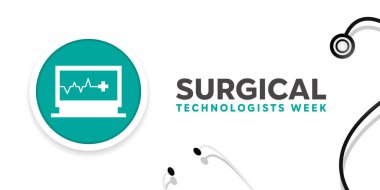 Ulusal Cerrahi Teknolojileri Haftası. Makine, artı ikon ve stetoskop. Kartlar, afişler, posterler, sosyal medya ve daha fazlası için harika. Beyaz arkaplan. 