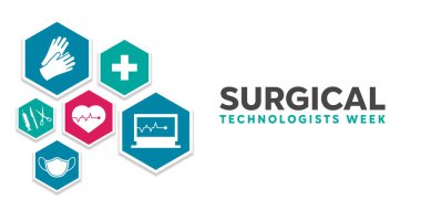 Ulusal Cerrahi Teknolojileri Haftası. Maske, eldiven, bıçak, makas, şırınga, artı ikonlar, makine ve kalp. Kartlar, afişler, posterler, sosyal medya ve daha fazlası için harika. Beyaz arkaplan.